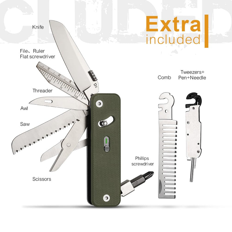 ROXON S503G 9 in 1 Mini Multi Tool EDC Pocket Knife Multitool with G10 Handle,Scissors,Screwdriver,Threader,Awl, Flat Screwdriver,Ruler,Tweezers for Outdoors Fishing Camping,Gifts for Men (Green) Green