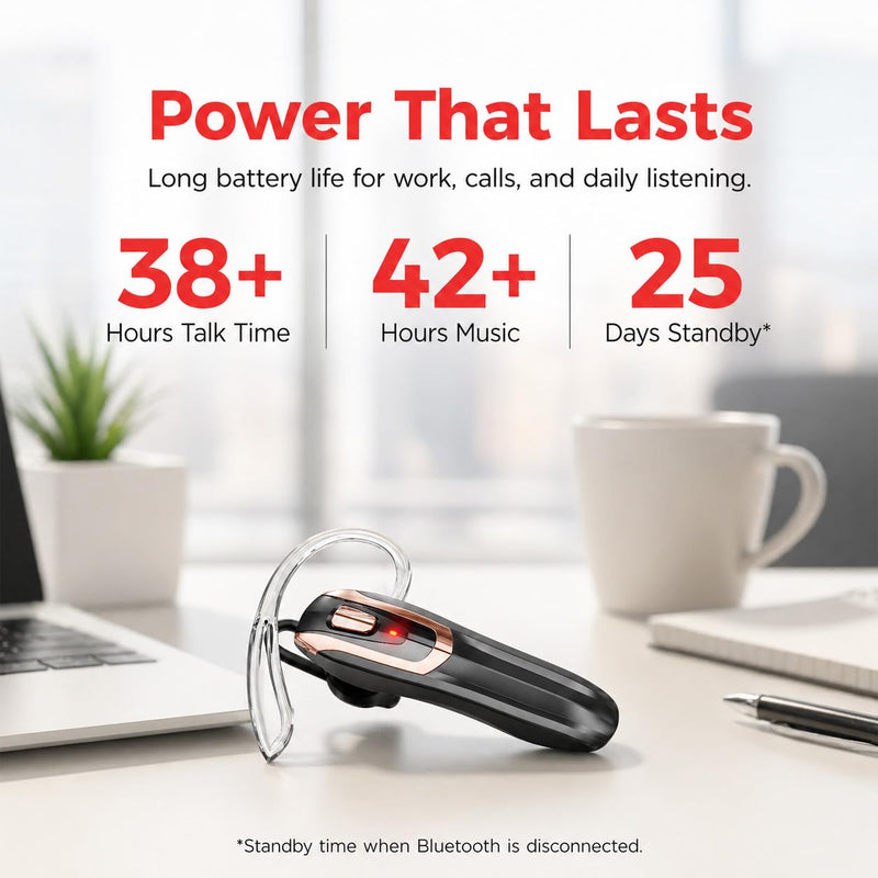 Bluetooth Headset,Bluetooth Earpiece Noise Cancelling Mic, Trucker Headset 38H Talk Time, All-Day Comfort, Quick Mute - Single Ear Bluetooth Headset for Work, Travel, Driving