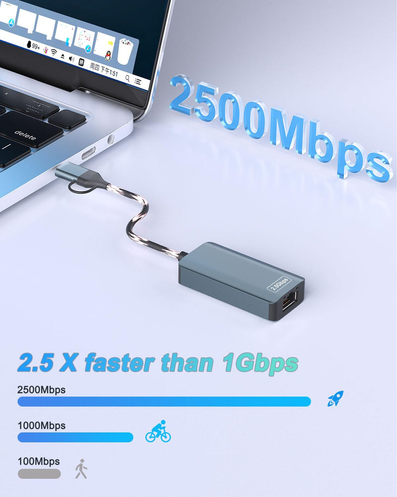 2.5gb USB Ethernet Adapter, Aluminum, Type-C to RJ45 Network Internet 2.5Gbps, 2.5G USB C to Ethernet Adapter for MacBook, iPhone 15/16 Pro Max, XPS, Surface, iPad Pro
