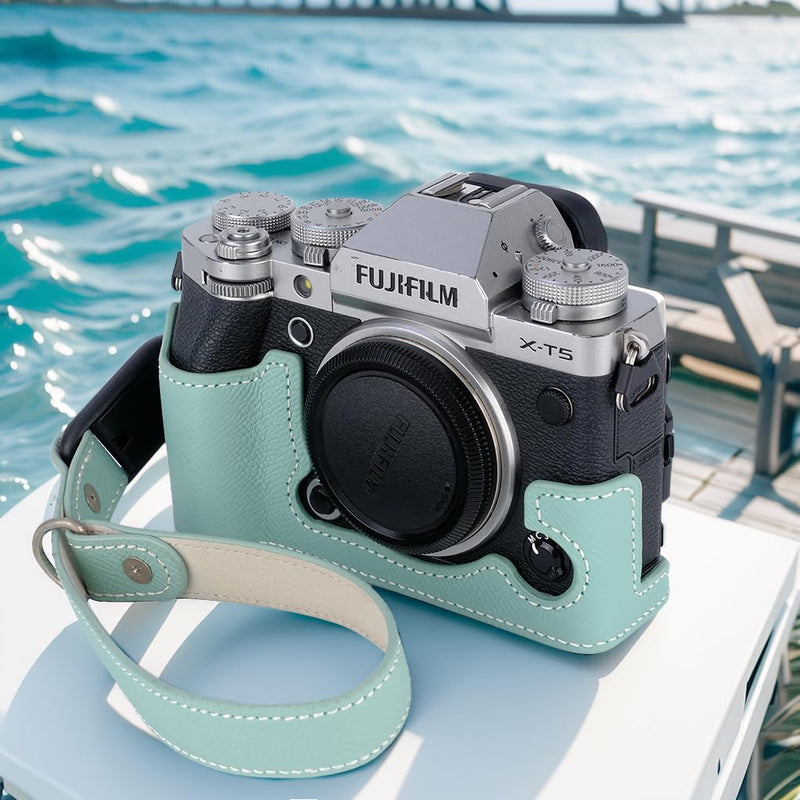 Bowan X-T5 Camera Case, Handmade Genuine Real Leather Half Camera Case Bag Cover for Fujifilm Fuji X-T5 X-T5 Camera Bottom Opening Version + Hand Strap (Mint green) Mint green