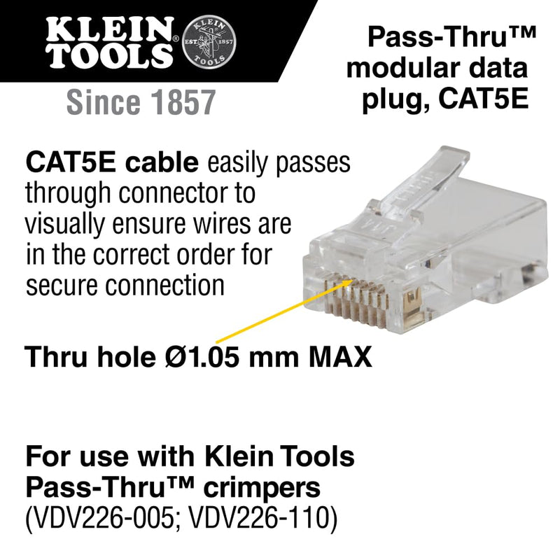 Klein Tools VDV826-702 Pass-Thru Modular Data Plug, RJ45 CAT5E, Gold Plated, Pass Through Connectors 50-Pack