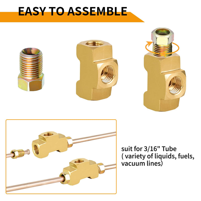 MuHize Brake Line Tee Fitting 4-Pack - 3/16" Tube x 3/8"-24 UNF | SAE/DOT Brass T-Connector for Double Flare Systems | Leak-Proof 3-Way Union for GM/Ford/Dodge RAM (4 PCs) 3/16IN-4PCS
