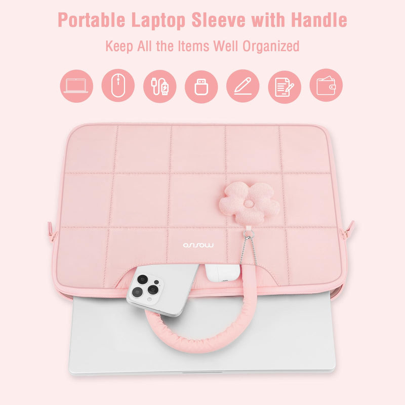 MOSISO Laptop Bag 16 inch, 15-15.6 inch Puffy Laptop Sleeve | Compatible with MacBook Pro 16/Air 15,HP Acer Dell, Messenger Briefcase Quilted Bag with Trolley Sleeve&Flower Pendant, Pink 15.6 inch