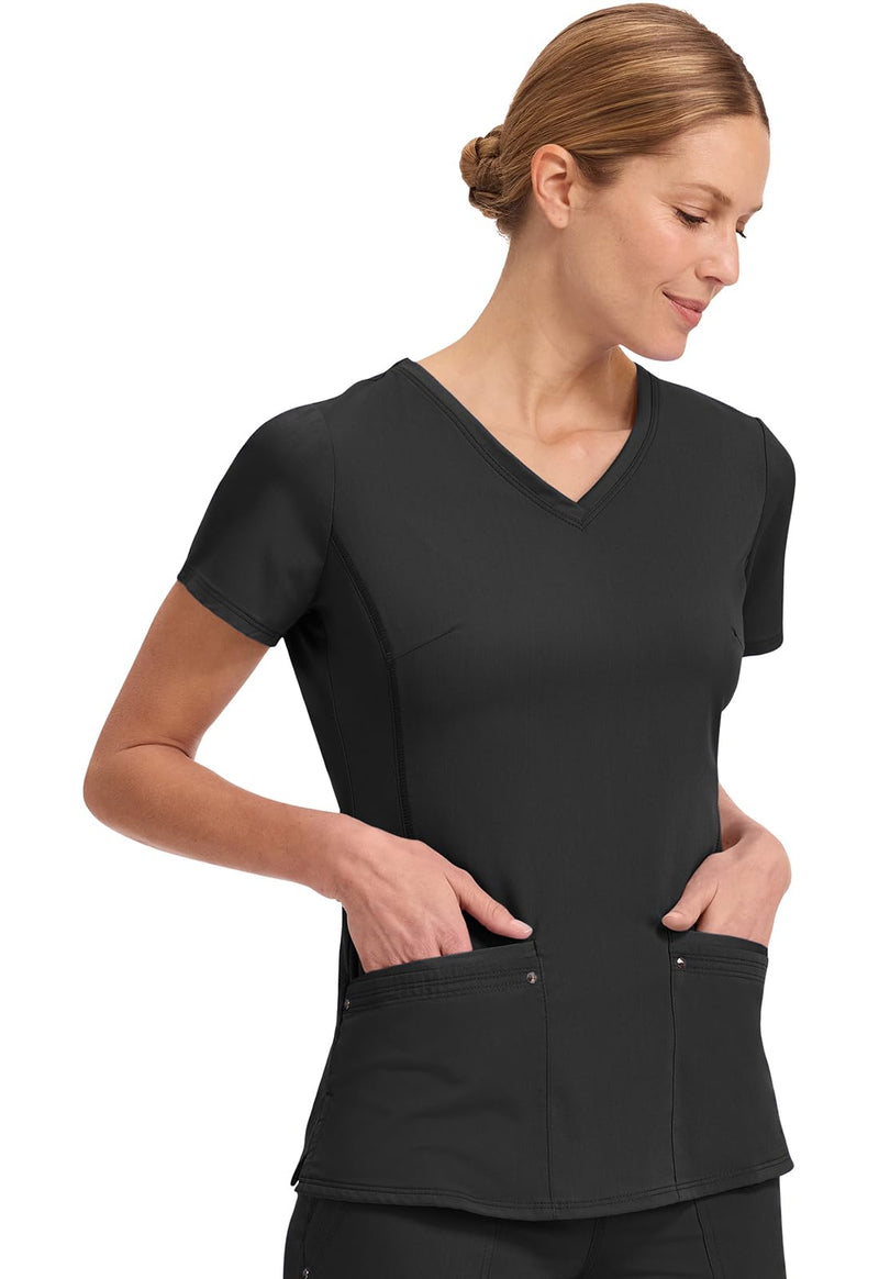 Healing Hands Women's Scrub Top V-Neck with 2 Pockets, 2-Way Stretch, and Yoga Knit Side Panels for Slim Fit- 2245 Medium Black