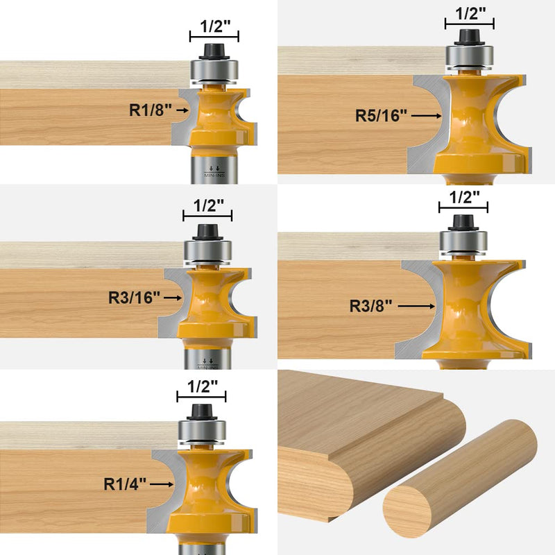 Fivepears 5Pcs Bullnose Router Bit Set 1/2 Shank, Bearing Half Round Router Bits for Woodworking, Carbide Tipped Edge Bits ,1/10" Minor Cutting Length, Radius 1/8", 3/16", 1/4", 5/16", 3/8" 5 Bits Set - 1/2" Shank