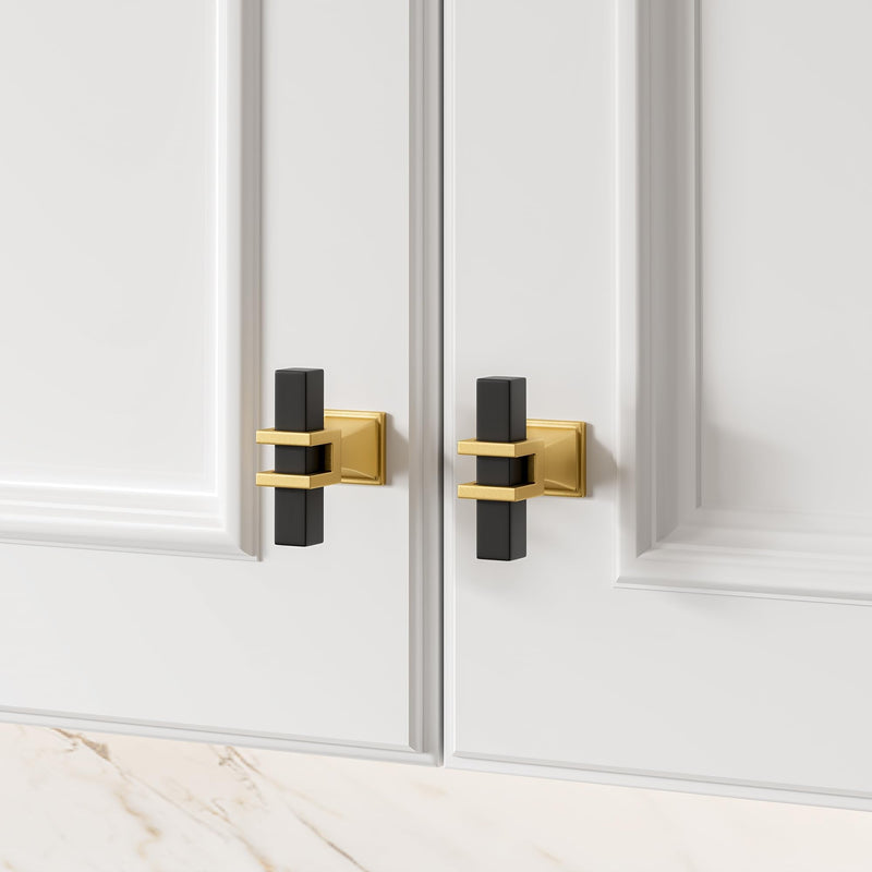 Haliwu 10 Pack Cabinet Knobs, Black&Gold Kitchen Dresser Drawer Handles, T-bar Hardware T-bar knob Black & Matte Gold