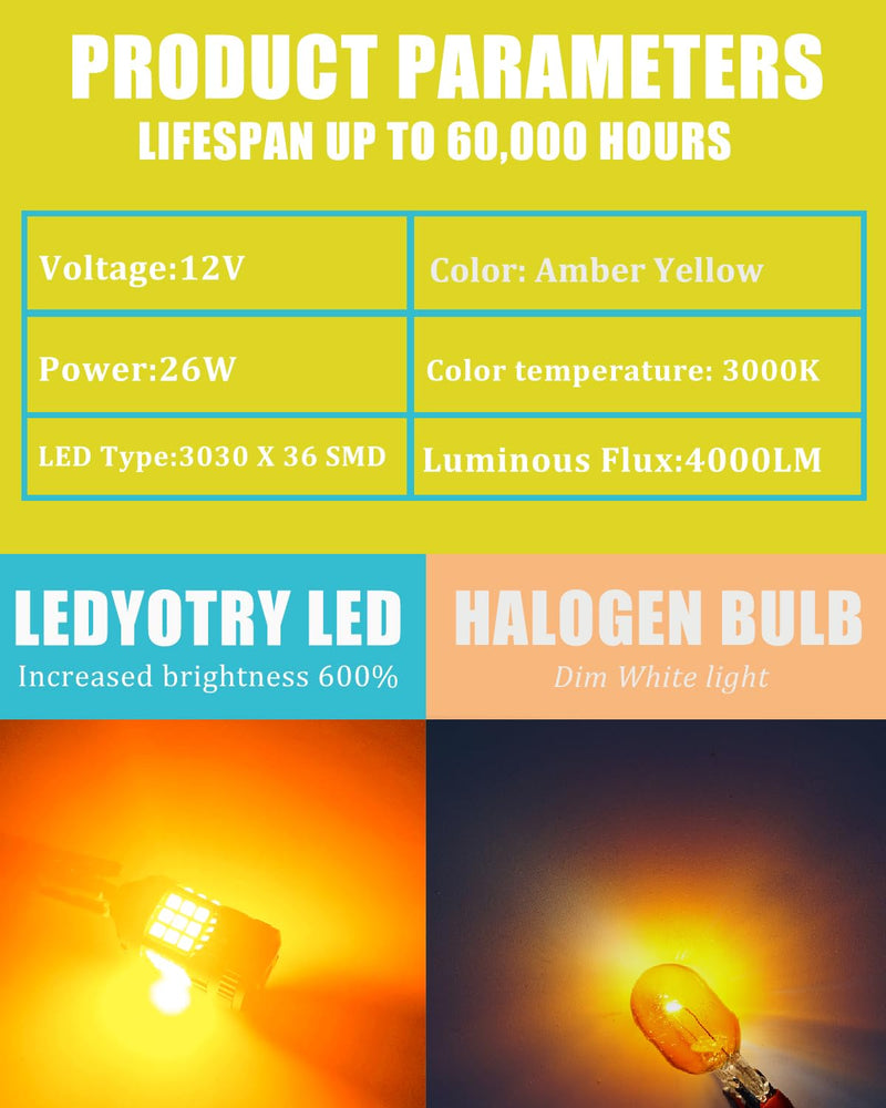 7440 LED Bulb Amber Yellow 4000 Lumens for Turn Signal Lights, CANBUS Error Free, with Built-in Resistor, Anti Hyper Flash 7440NA WY21W T20 7441 W21W Blinker Bulb Replacement (Pack of 2) 7440