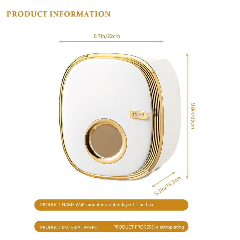 Adhesive Wall Mounted Toilet Paper Holder for Bathroom, Double Layer Space-Saving Organizer with Sealed Enclosed Design, No Drill Installation - White Gold
