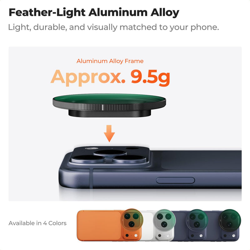 K&F CONCEPT Snap-On CPL Filter Compatible with iPhone 17 Pro Max/17 Pro | 9.5g Ultra-Lightweight Polarizing Filter with Snap-on Deco Mount, AGC Glass 28-Layer Coating Anti-Reflection, FA301 Black