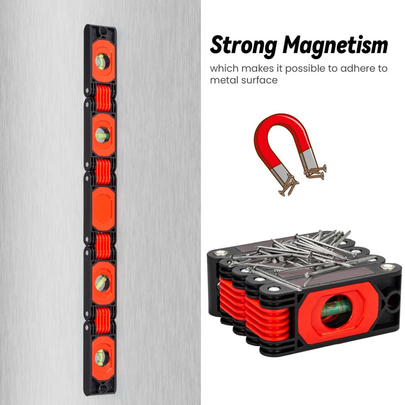 Folding Level, Multi-Angle Magnetic Level Ruler with 5 Hinged Sections, 4 Bubble Vials for 0°/45°/90° Reading, Compact Foldable Tool for Woodworking, Carpentry and DIY