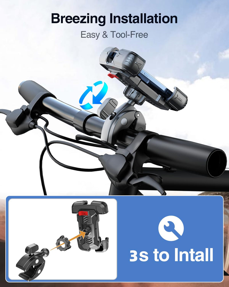 Motorcycle Phone Mount Holder, [150mph Wind Anti-Shake][7.2inch Big Phone Friendly] Bike Phone Holder, Motorcycle Handlebar Cell Phone Clamp, Compatible with iPhone 16 Pro Max, Black