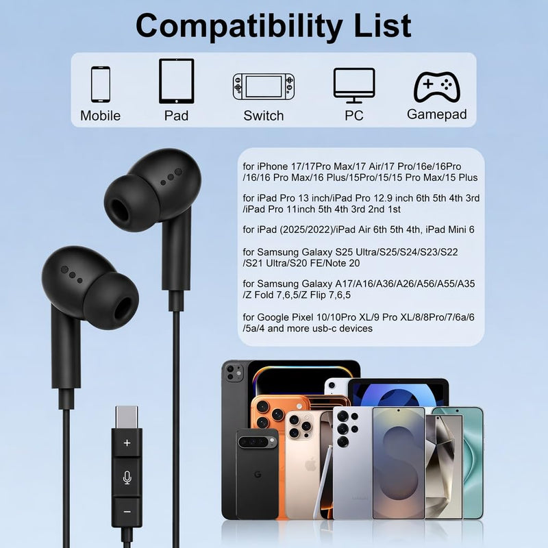 [Apple MFi Certified] USB C Headphones for iPhone 17 16 15 Pro,Wired Earbuds with Mic & Volume Control,Noise Cancelling Type C Earphones in-Ear for iPad Pro/Air,Galaxy S25 26 Ultra,Pixel 9,MacBook C black