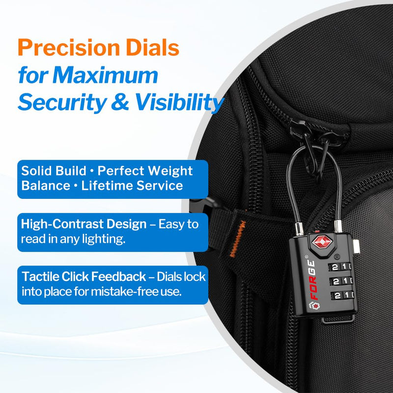 TSA Approved Cable Luggage Locks, Re-settable Combination with Alloy Body Black 4 Pack