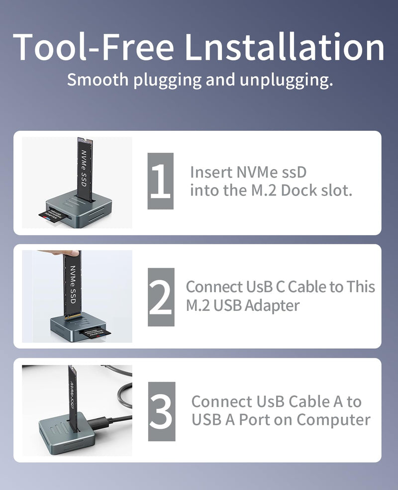M.2 NVMe to USB Reader Adapter, 10Gbps NVMe Dock, USB 3.2 PCIe NVMe Enclosure for NVMe SSD & SD Card