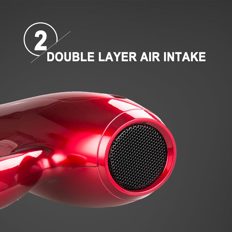 Hair Dryer - JINRI Powerful Blow Dryer, Ionic Frizz-Control, Fast Drying, Professional and Lightweight, 3 Heat & 2 Speed Settings, Red