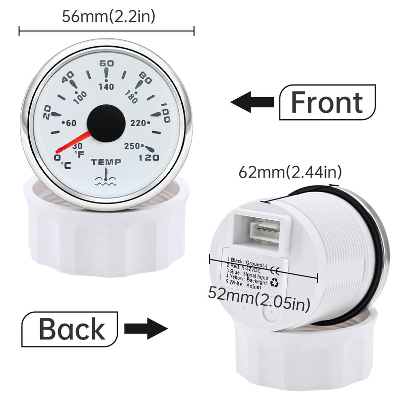 ARTILAURA 7 Color Water Temp Gauge 2-1/16" 52mm Water Temperature Gauge 30-250℉ / 40-120℃ for Car Auto Boat Marine White Water Temp F