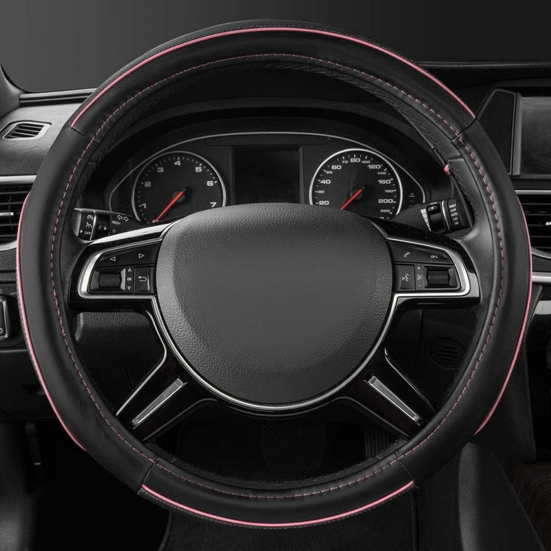 CAR Pass Colour Piping Leather Universal Fit Steering Wheel Cover, Perfectly fit for 14.5-15 inches Suvs, Vans, Trucks, Sedans, Cars (Black&Pink) Black&Pink