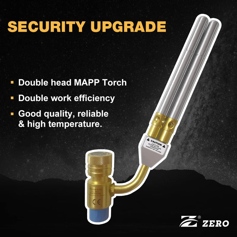 Zero ZR-1D1 Double Flame Map Gas Torch Kit, 360° Swivel Turbo Torch Head with Adjustable Flame, for Propane MAPP Gas, Professional Welding Brazing Plumbing HVAC Repair Yellow