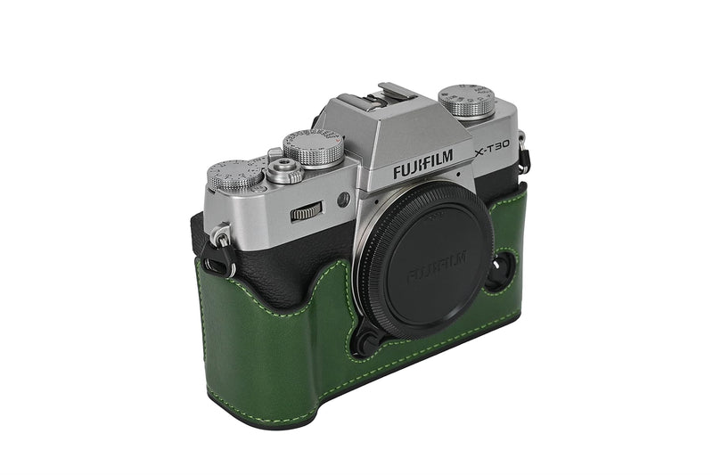 X-T30 Case, BMAOLLONGB Handmade PU Leather Half Camera Case Bag Cover Bottom Opening Version for Fujifilm X-T30 XT30 with Neck Strap Mini Storage Bag (Green) Green