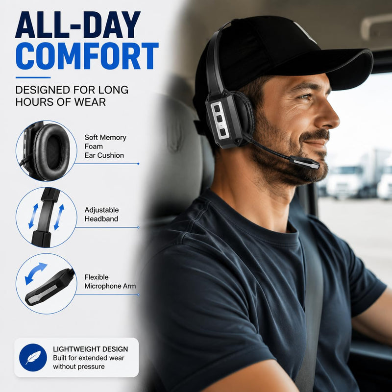 Bytewaveshop Trucker Bluetooth Headset with Mic, 55H Talk Time Wireless Headset, 99% Noise Cancelling Headphones with 270° Adjustable Mic, Bluetooth 6.0, Dual Device for Truck Drivers, Calls, Driving