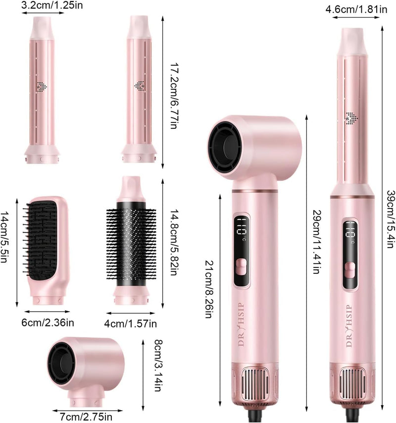 Dryhsip 5 in 1 Hot Air Styler, Hair Dryer Brush with Digital Display, Air Brush Hair Styler for Curling Straightening & Blowouts, Lightweight Hair Styling Appliances for Women (Pearl Pink) Pearl Pink