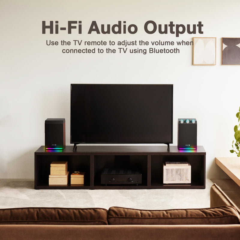 100W Powered Bluetooth Bookshelf Speakers,2.0 Wireless HiFi Speaker with Subwoofer and Led Light,Dynamic 3D Surround Sound,for Home Music,Vinyl Records, Home Theatre, Gaming,TV -Wood Grain