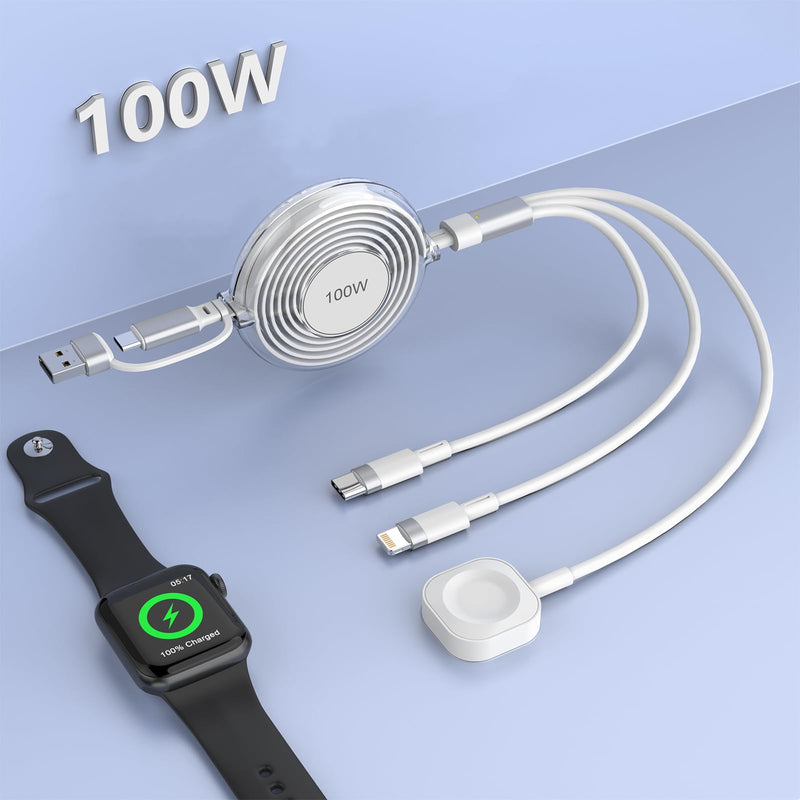 100W Multi Charging Cable for Apple Watch Charger, iPhone 15 Retractable Charging Cable with Type C 100W+IP 27W+iWatch Charger Retractable Phone Charger for iPhone/Apple Watch Series/Samsung/Pad 4FT