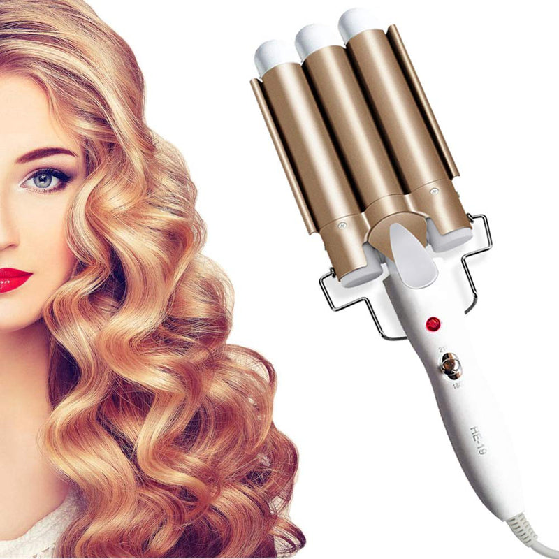 3 Barrel Hair Curler, 25mm Waver Iron With Adjustable Temperature Control for Long or Short Styling, Large Wave Ceramic Wide Crimpers, Gold