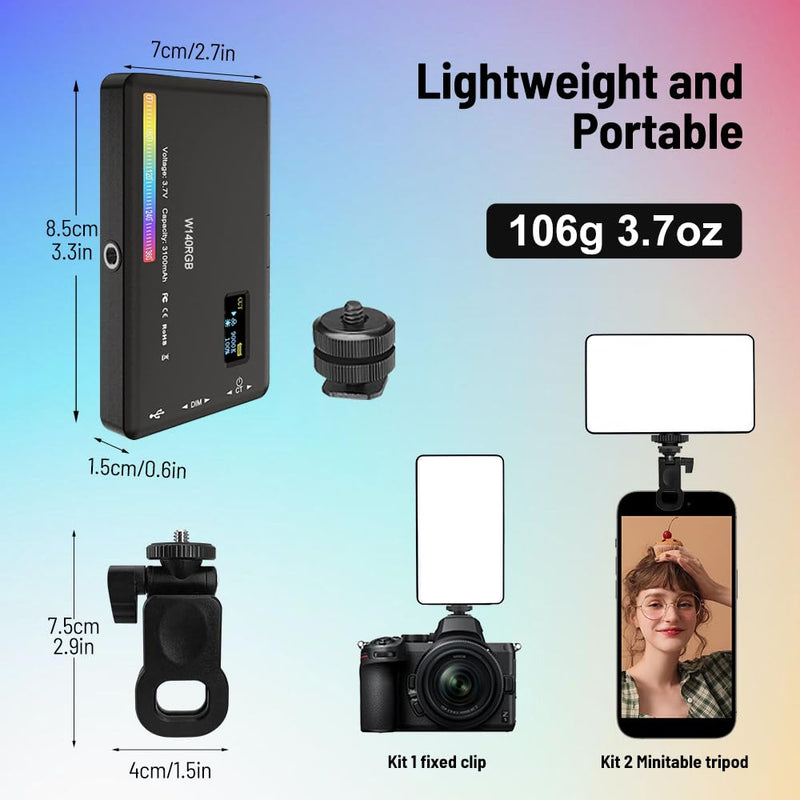 RGB Video Light with Multi Functional Stand, 140 Lamp Beads 360° Full Color LED Camera Light with 3 Cold Shoe CRI≥95 2500K-9000K±200K, 2000mAh Rechargeable Photography Lighting with 20 Scene Modes W140RGB