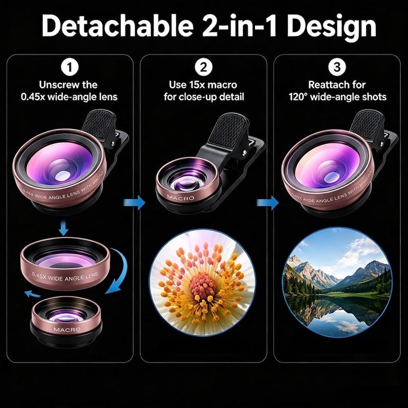 Phone Camera Lens Kit, 0.45X Super Wide Angle Lens + 15X Macro Lens 2 in 1 Professional Lens Attachment for Phone 17/16/15/14/13 Rose Gold