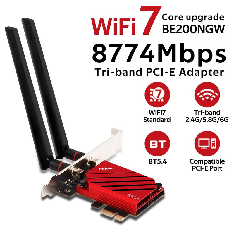 FENVi PCIE WiFi Adapter for Desktop WiFi 7 BE200 Tri-Band PCIe Network Adapter with 8774Mbps Speed and BT5.4, Compatible with Windows 11/10, Not for AMD Motherboards