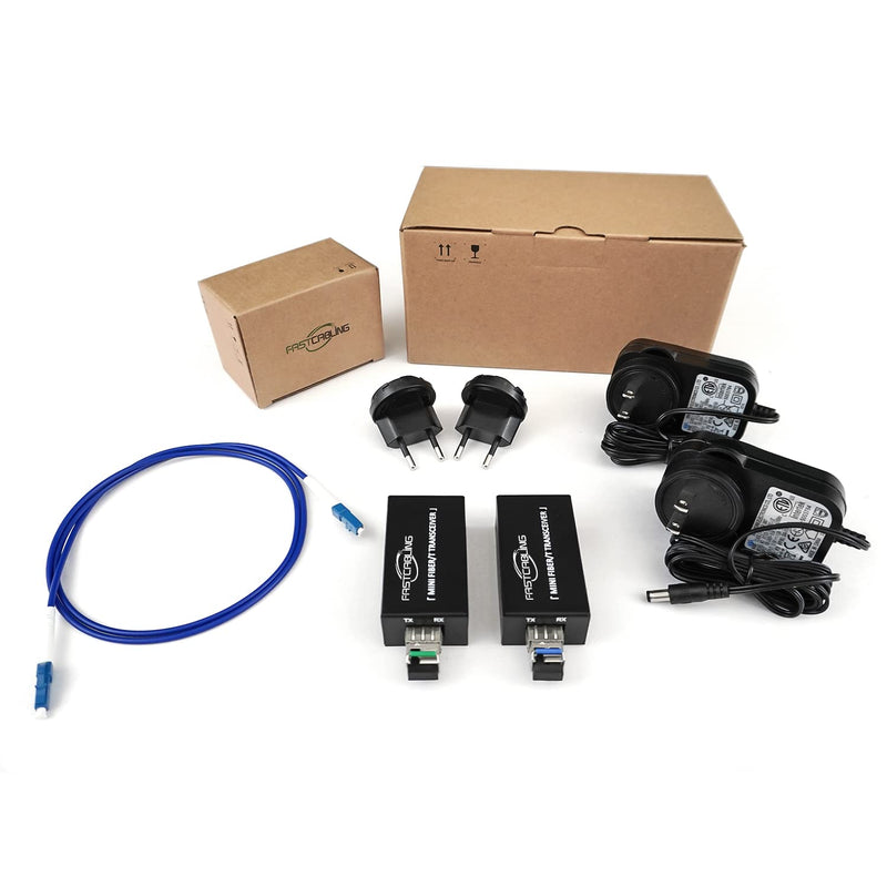 Gigabit Fiber to Ethernet Media Converter Kit, LC Single Mode, Up to 20km Fiber Opitc Network, Point-to-Point, Plug & Play, Complete Kit, Compact Converter, Industrial SFP Modules, US/EU Adapters