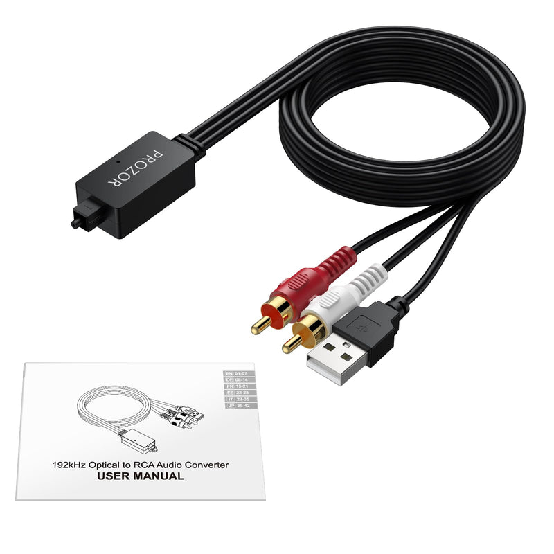 PROZOR 192kHz Optical to RCA Male Converter 6ft Cable | Built-in Audio Amplifier Chip Digital to Analog Audio Converter DAC Digital Audio Converter for HDTV Amp Blu-Ray DVD PS3 PS4