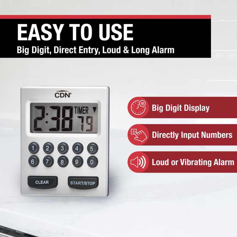 CDN Direct Entry 2- Alarm Digital Kitchen Timer | Counts Up & Down, 10 Hours by Hours, Minutes & Seconds, Big Digit, Loud & Long Audio/Vibrate Alarm, Stand, Hang, Magnet Mounting - TM30