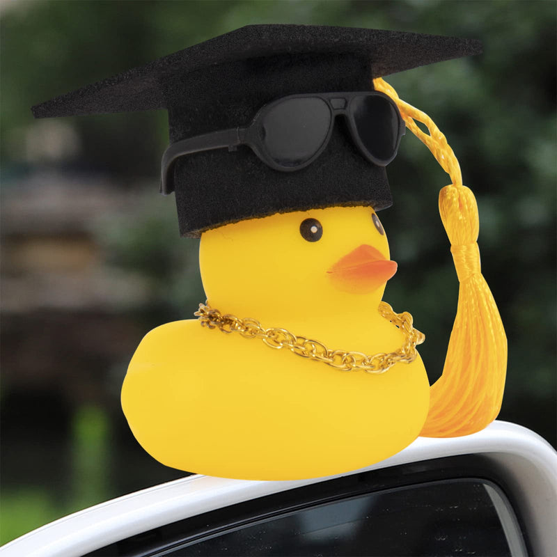 Wonuu Car Rubber Duck Decoration - Dashboard Ornament with Mini Bachelor Cap, Necklace and Sunglasses B-bachelor Hat&yellow