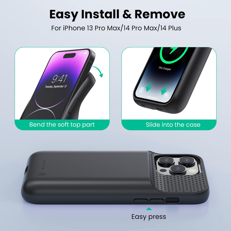 Pxwaxpy Battery Case for iPhone 13 Pro Max/14 Pro Max/14 Plus,Slim 8600mAh Charger Case Upgraded 360°Anti-Fall Protection Rechargeable Charging case for iPhone 13 Pro Max/14 Pro Max/14 Plus Black