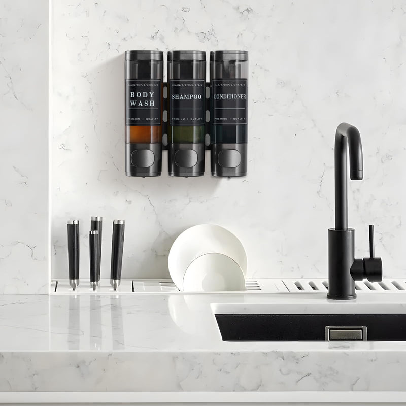Shampoo and Conditioner Dispenser,Shower Soap Dispenser 3 Chamber No Drill Wall-Mounted Shampoo Dispenser for Shower Wall Mounted Shower Dispenser for Bathroom Hotel Large Capacity,Dark Gray1 Dark Gray 3 Chamber