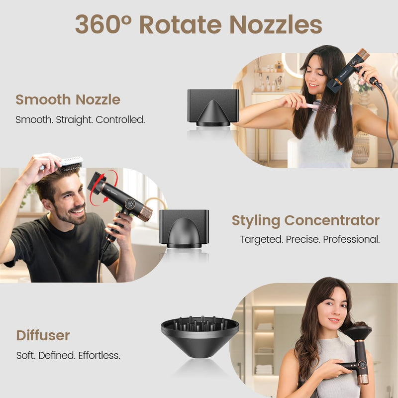 Faszin High Speed Hair Dryer, Lightweight Hairoryer with 110,000 RPM Motor, Fast Drying lonic Hair Dryer for Women & Men, Low Noise, 3 Magnetic Nozzles, Black(Matte Finish) Matte Finish