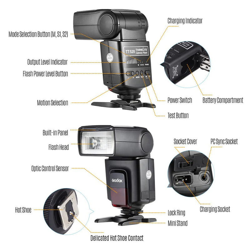 GODOX TT520ⅡUniversal On-Camera Flash Electronic Speedlite + AT-16 2.4G Wireless Trigger Transmitter Guide Number 33 S1 S2 Modes Replacement for Canon Nikon Pentax TT520 II