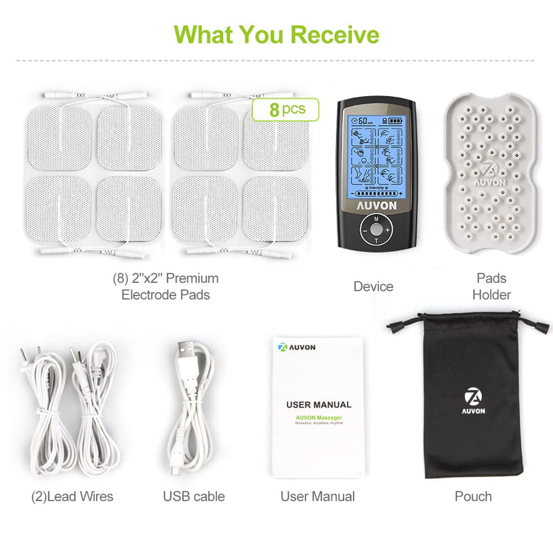 AUVON Rechargeable TENS Unit Muscle Stimulator, 24 Modes 4th Gen TENS Machine with 8pcs 2"x2" Premium Electrode Pads for Pain Relief Black