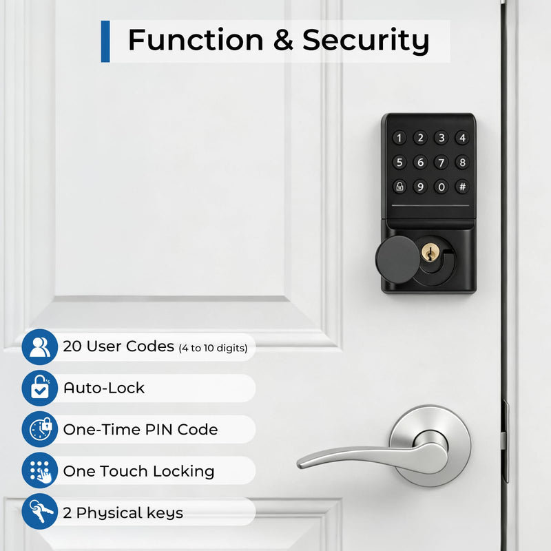 Matte Black Smart Keypad Deadbolt Keyless Entry Front Door Lock, Customizable User Codes & Auto-Lock, Easy Install (Includes 2 Backup Keys)