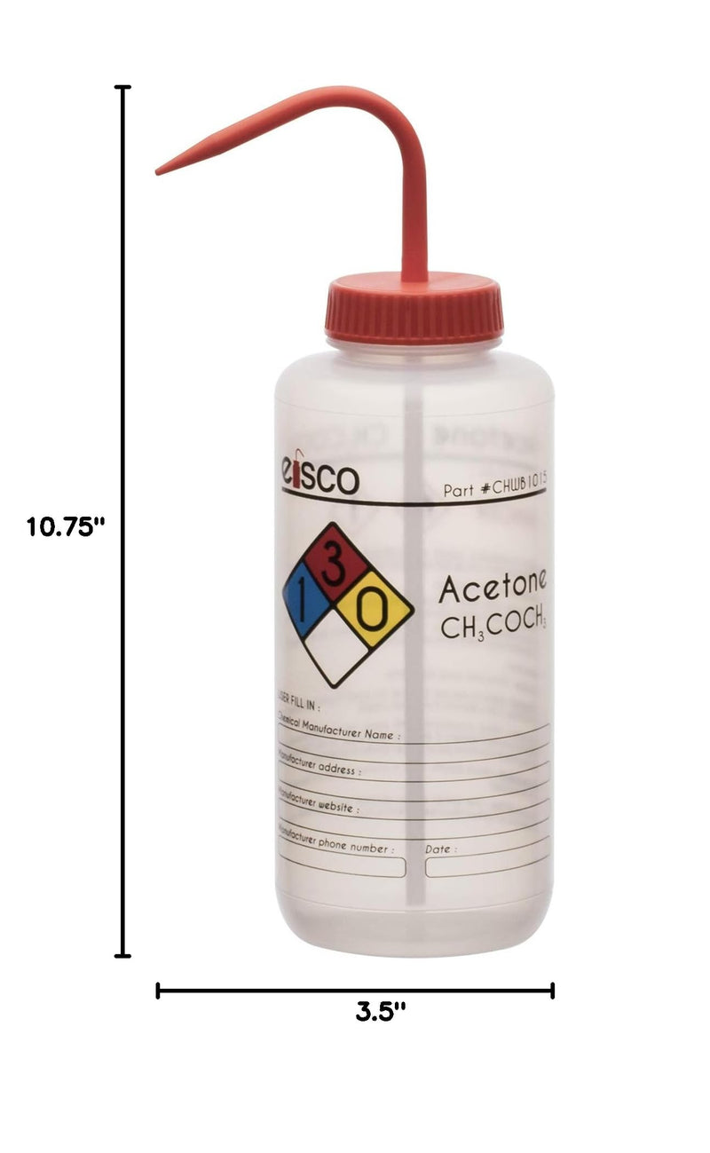 EISCO 2PK Wash Bottle for Acetone, 1000ml - Labeled with Color Coded Chemical & Safety Information (4 Colors) - Wide Mouth, Self Venting, Low Density Polyethylene Labs 2