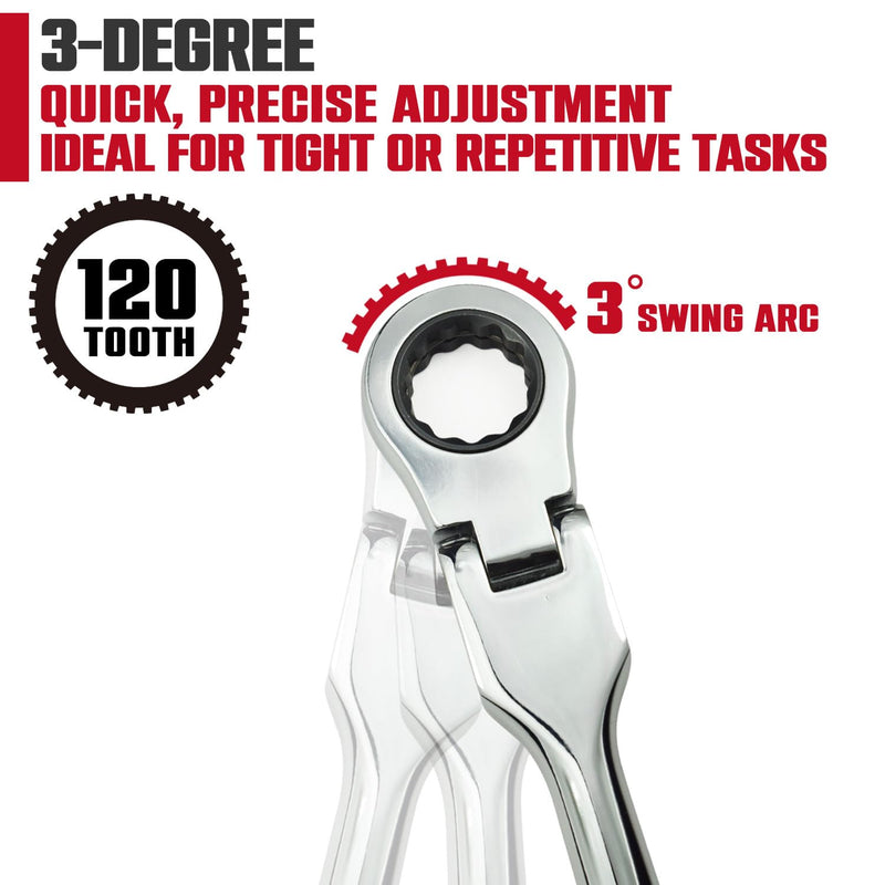 CROM Flex Head Ratchet Wrench - 10.5-Inch Long 17mm Flex head 120-Tooth 12 Point Stubby Socket Ratchet Wrench, Compatible with 3/8" Drive Nano Impact Sockets (10.5 Inch 3/8" Drive) 10.5 Inch 3/8" Drive