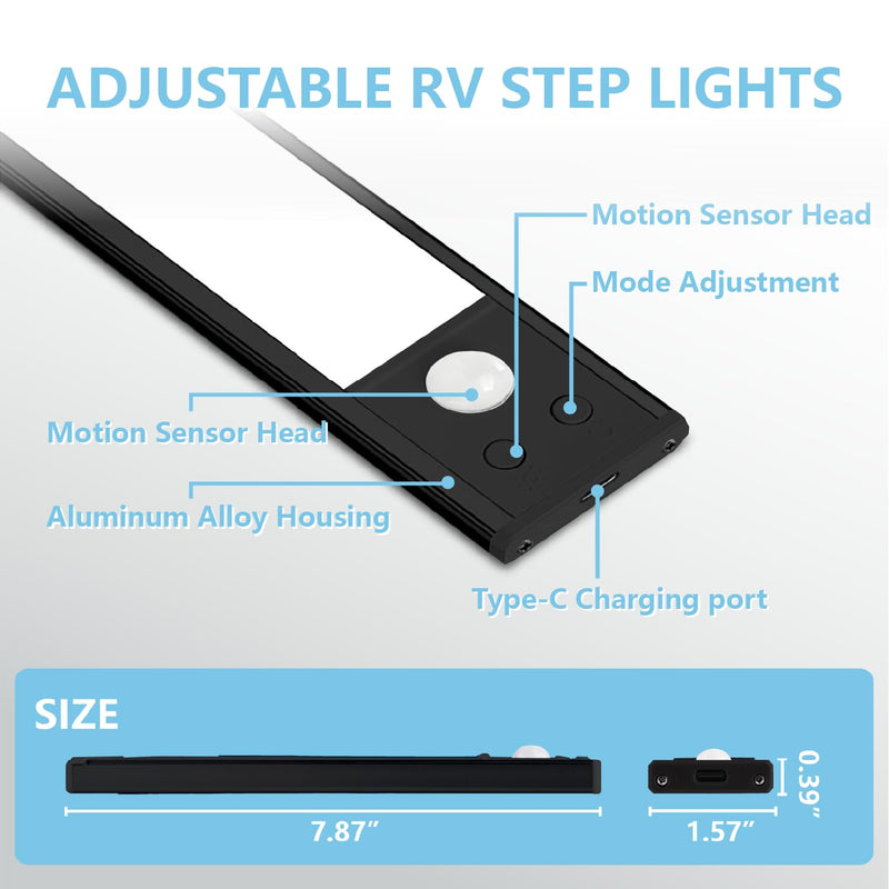 2 Pack Motion Activated RV Step Lights, USB Rechargeable 48 LED Rv Light Camping Camper Lights Adjustable 3 Color for Motorhome Travel,Travel Trailers, Camper (Black) Black 48LED(2pack)