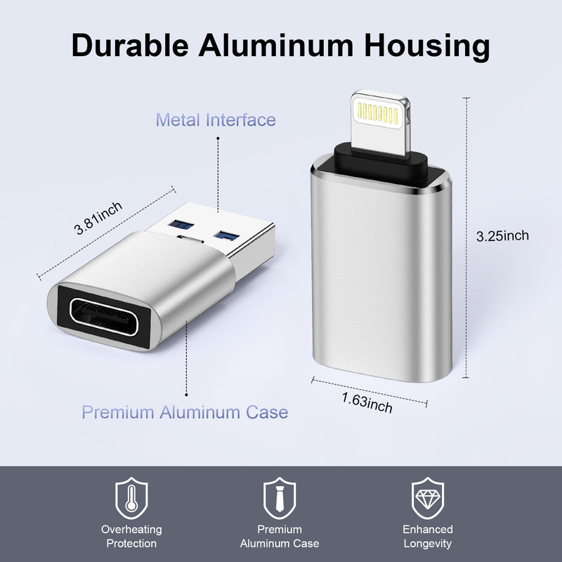 USB Male to USB C Female Adapter & Lightning Male to USB Female OTG Cable | Combo 4-Pack Connector Cable Adapter for iPhone 17e/17 Pro Max/16/15/14/13/12，Card Reader/Flash Drive/MIDI Keyboard//USB Disk