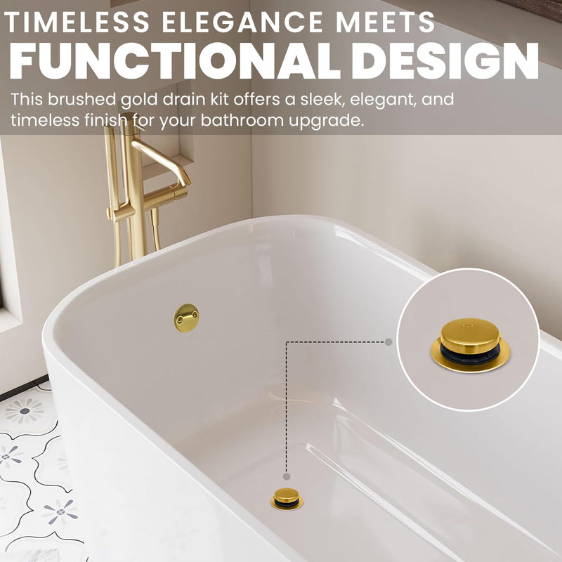 LXLTOUS Brushed Gold Toe Tap Bathtub Trim Set with Two-Hole Overflow Faceplate, Replacement Brass Tub Drain Kit with 2-Hole Overflow Cover and Universal Fine/Coarse Thread, Fits 1-3/8" and 1-1/2"