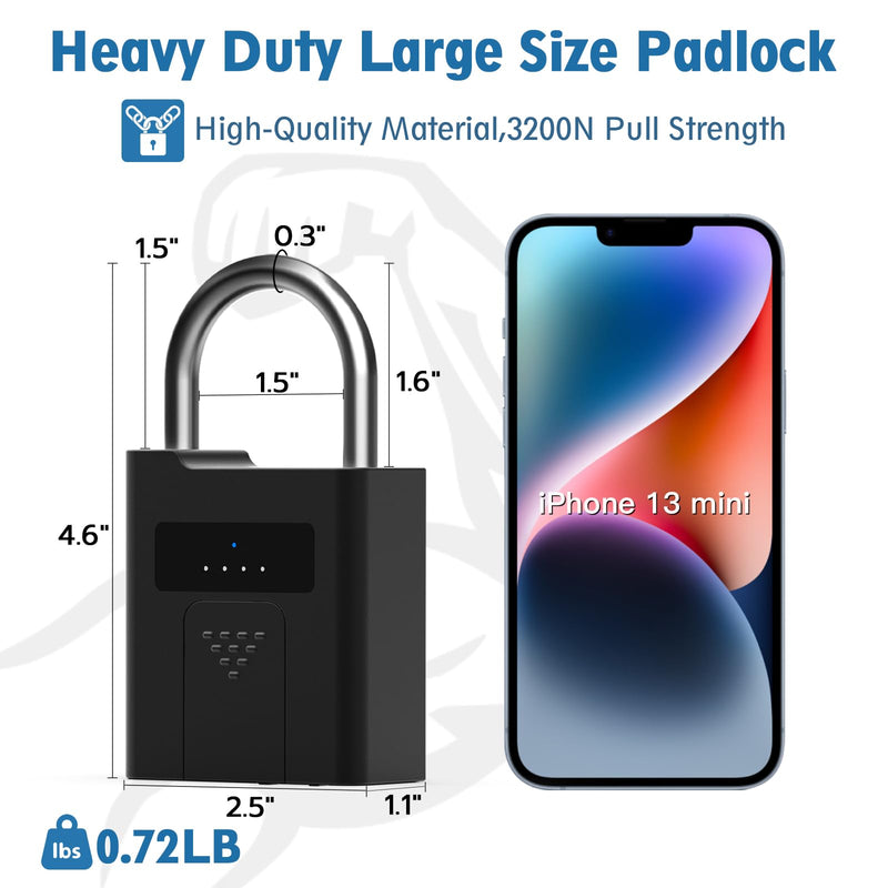 Fingerprint Padlock,Heavy Duty Smart Padlock with Key, Waterproof Bluetooth App Control,Outdoor Gate Lock for Fence, Shed, Storage, Gym Locker