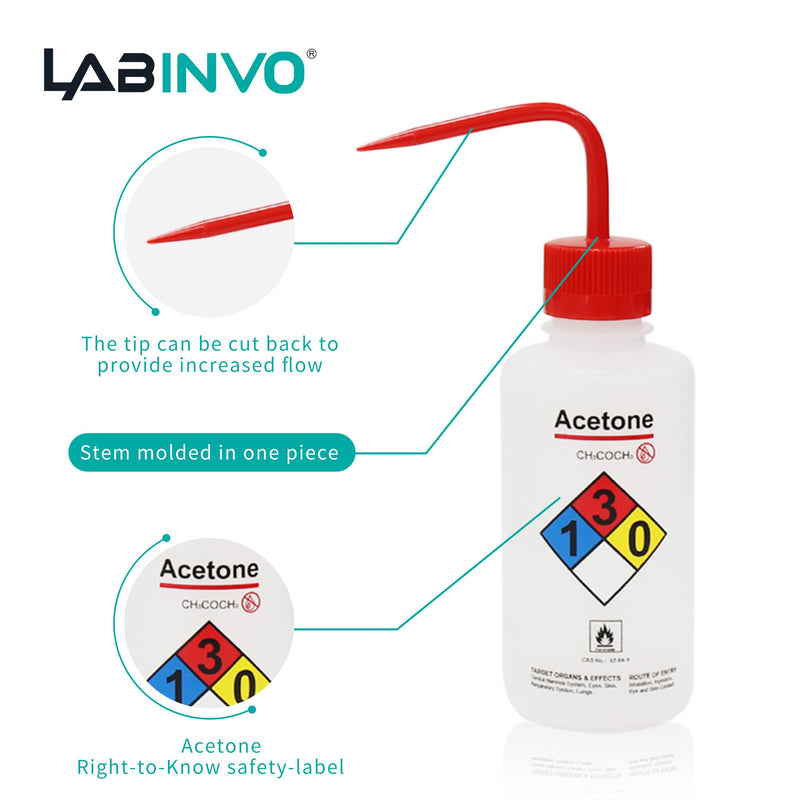 4pcs of Acetone Wash Bottles, Vol.500ml (17oz), Narrow Mouth, Self-Venting Safety Wash Bottles, LDPE Material, IN-WBA500