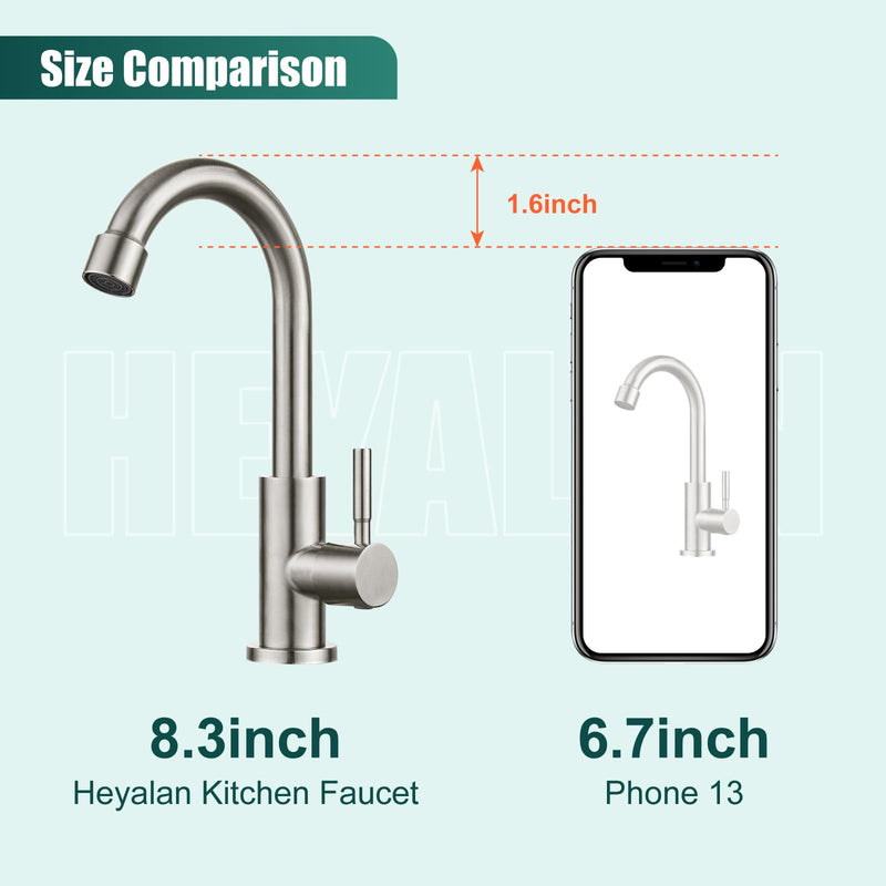 Heyalan Cold Water Only Kitchen Faucet, SUS304 Stainless Steel Bar Sink Faucet, Single Handle High Arc Gooseneck, 1 Hole Deck Mount, Brushed Nickel, 8.3 Inch for Bar, RV, Laundry, Outdoor