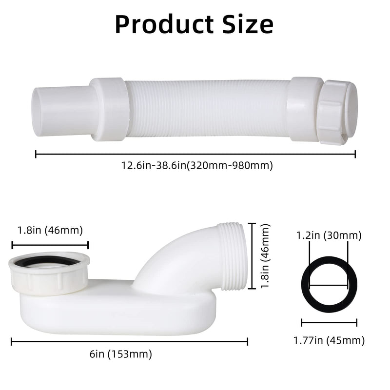 Flexible Freestanding Tub Drain Kit - Low Profile Flat P Trap for Bathtub Shower Drain Pipe - 1 1/2 inch Diameter One end thread